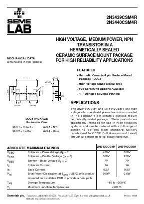 2N3439CSM4R Datasheet PDF Semelab - > TT Electronics plc 