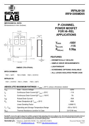 IRF9130SMD05 Datasheet PDF Semelab - > TT Electronics plc 