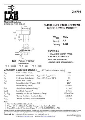 2N6794 Datasheet PDF Semelab - > TT Electronics plc 