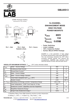 SML80S13 Datasheet PDF Semelab - > TT Electronics plc 