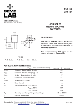 2N5154 Datasheet PDF Semelab - > TT Electronics plc 