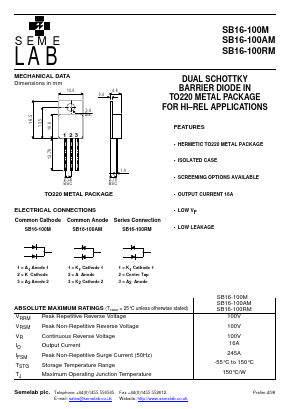 SB16-100AM Datasheet PDF Semelab - > TT Electronics plc 