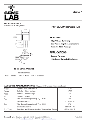 2N3637 Datasheet PDF Semelab - > TT Electronics plc 