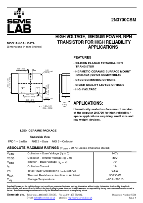 2N3700CSM Datasheet PDF Semelab - > TT Electronics plc 