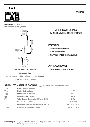 2N4391 Datasheet PDF Semelab - > TT Electronics plc 