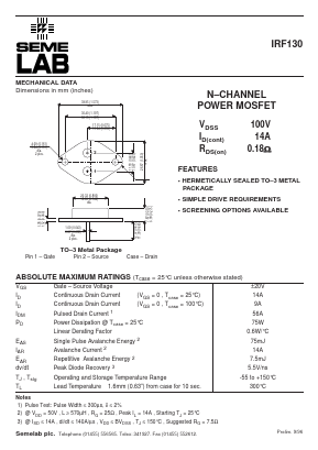 IRF130 Datasheet PDF Semelab - > TT Electronics plc 