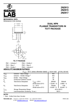 2N2917 Datasheet PDF Semelab - > TT Electronics plc 