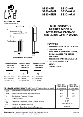 SB30-40M Datasheet PDF Semelab - > TT Electronics plc 
