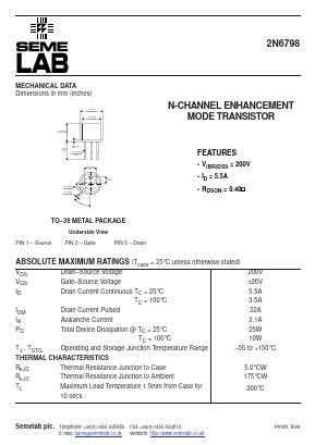 2N6798 Datasheet PDF Semelab - > TT Electronics plc 