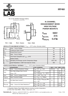 IRF460 Datasheet PDF Semelab - > TT Electronics plc 