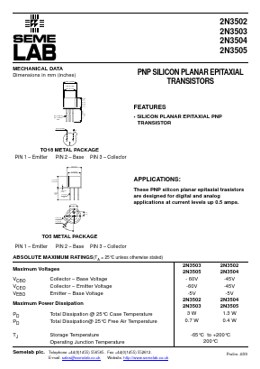 2N3502 Datasheet PDF Semelab - > TT Electronics plc 