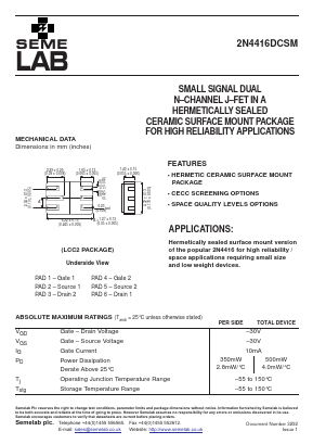 2N4416DCSM Datasheet PDF Semelab - > TT Electronics plc 