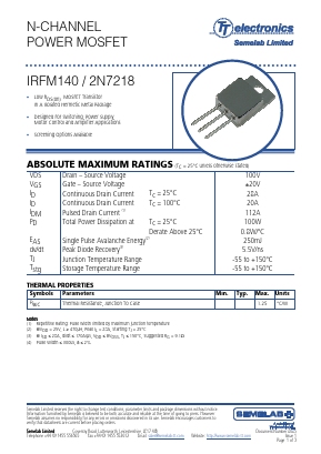 2N7218 Datasheet PDF Semelab - > TT Electronics plc 