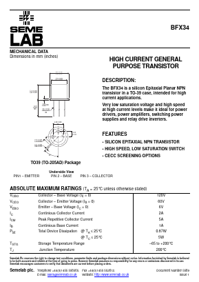 BFX34 Datasheet PDF Semelab - > TT Electronics plc 