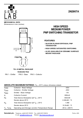 2N2907A Datasheet PDF Semelab - > TT Electronics plc 