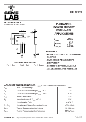 IRFY9140 Datasheet PDF Semelab - > TT Electronics plc 