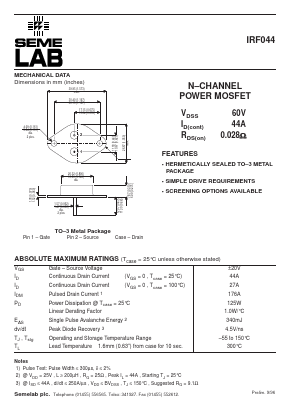 IRF044 Datasheet PDF Semelab - > TT Electronics plc 