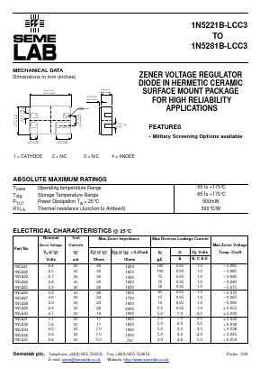 1N5221B-LCC3 Datasheet PDF Semelab - > TT Electronics plc 