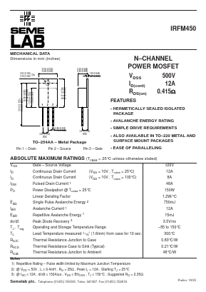 IRFM450 Datasheet PDF Semelab - > TT Electronics plc 