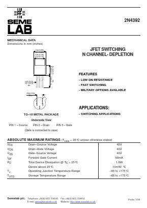 2N4392 Datasheet PDF Semelab - > TT Electronics plc 