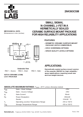 2N4393CSM Datasheet PDF Semelab - > TT Electronics plc 
