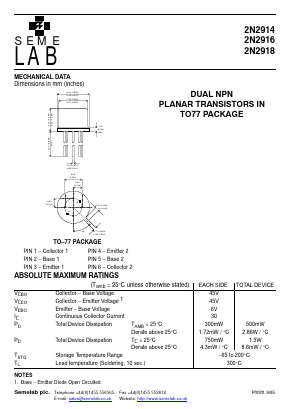 2N2914 Datasheet PDF Semelab - > TT Electronics plc 