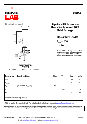 2N2102 Datasheet PDF Semelab - > TT Electronics plc 