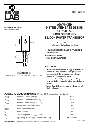 BUL52BFI Datasheet PDF Semelab - > TT Electronics plc 
