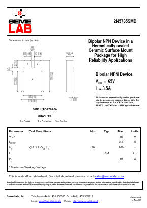 2N5785SMD Datasheet PDF Semelab - > TT Electronics plc 