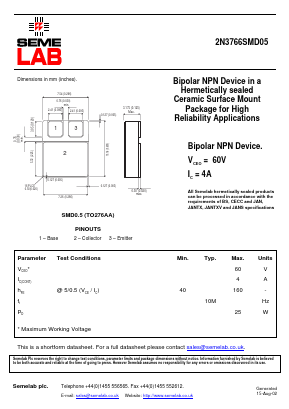 2N3766SMD05 Datasheet PDF Semelab - > TT Electronics plc 