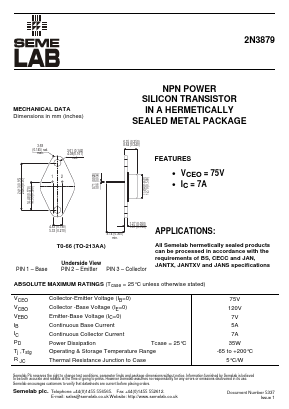 2N3879 Datasheet PDF Semelab - > TT Electronics plc 