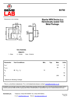 BUT90 Datasheet PDF Semelab - > TT Electronics plc 