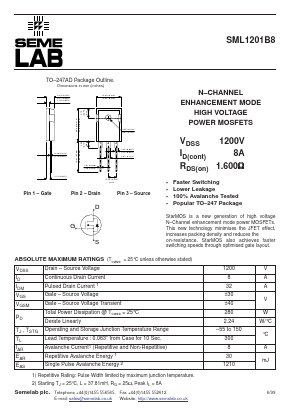 SML120B8 Datasheet PDF Semelab - > TT Electronics plc 