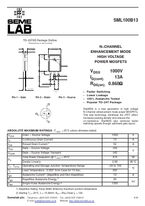 SML100B13F Datasheet PDF Semelab - > TT Electronics plc 