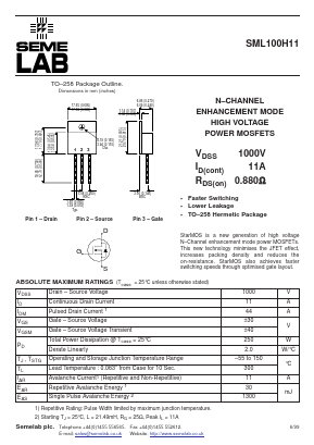 SML100H11 Datasheet PDF Semelab - > TT Electronics plc 