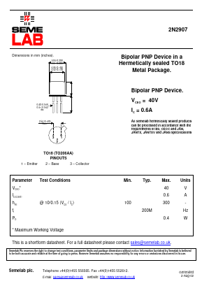 2N2907 Datasheet PDF Semelab - > TT Electronics plc 