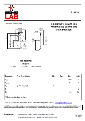 BUW34 Datasheet PDF Semelab - > TT Electronics plc 