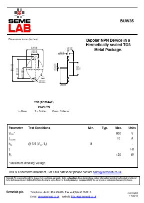 BUW35 Datasheet PDF Semelab - > TT Electronics plc 
