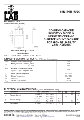 SML17GB15U2C Datasheet PDF Semelab - > TT Electronics plc 