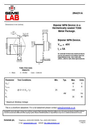 2N4231A Datasheet PDF Semelab - > TT Electronics plc 
