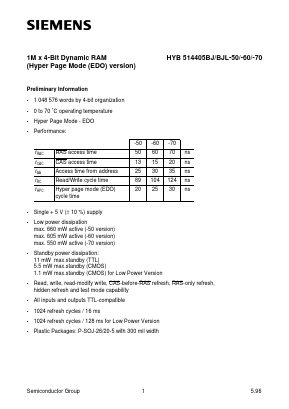 HYB514405BJ-50 Datasheet PDF Siemens AG