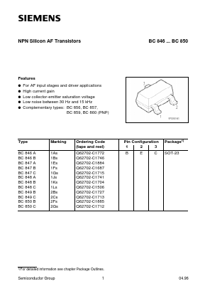 BC846 Datasheet PDF Siemens AG