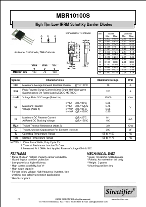 MBR10100S Datasheet PDF Sirectifier Electronics