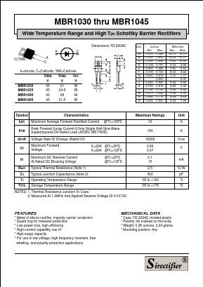 MBR1045 Datasheet PDF Sirectifier Electronics