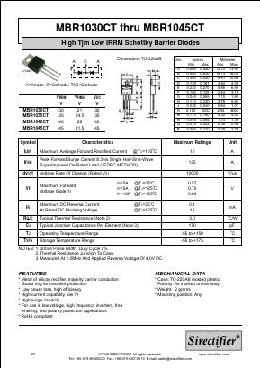 MBR1040CT Datasheet PDF Sirectifier Electronics