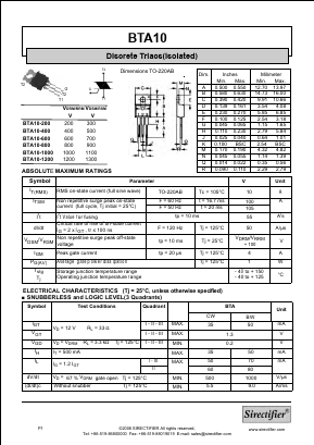 BTA10 Datasheet PDF Sirectifier Electronics
