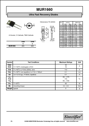 MUR1660 Datasheet PDF Sirectifier Electronics