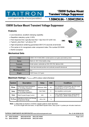 1.5SMC170CA Datasheet PDF TAITRON Components Incorporated