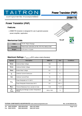 B817E Datasheet PDF TAITRON Components Incorporated