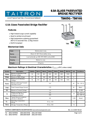 TB68G Datasheet PDF TAITRON Components Incorporated
